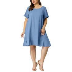 This solid color chambray dress with high-heeled shoes shows your feminine charm from work to the summer holiday to enjoy your leisure time. Lightweight fabric is a good choice for your summer daily wardrobe. This round-neck denim midi shift dress is matched with roll-up sleeves, tie belts, and a ruffle trim hem to give you a simple and stylish look. Measurement (in inches) International Size----------Chest Girth----------Shoulder Width----------Hem Girth 1X-------------------------48 3/8------------------17 --------------------------62 1/4 2X-------------------------51 5/8------------------17 3/4---------------------65 3/8 3X-------------------------55 1/8------------------18 3/8---------------------68 7/8 4X-------------------------58 5/8------------------19 1/8---------------------72 1/ Tie Belts, Patchwork Fashion, Plus Size Summer Dresses, Casual Short Sleeve Dress, Midi Shift Dress, Essential Dress, Mini Dresses For Women, Chambray Dress, Ruffle Hem Dress