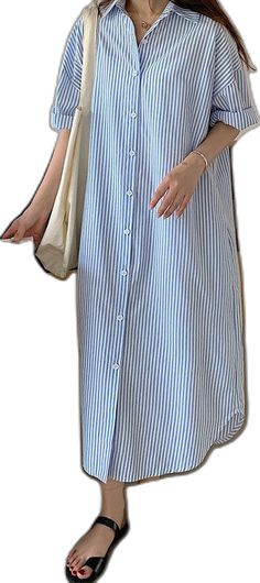 Simple Blue Striped Long Shirts Cotton Dress Short Sleeve Blue Casual Cotton Shirt Dress, Casual Blue Cotton Shirt Dress, Light Blue Cotton Shirt Dress For Summer, Collared Light Blue Shirt Dress For Summer, Casual Light Blue Shirt Dress For Summer, Light Blue Collared Shirt Dress For Summer, Casual Blue Shirt Dress For Summer, Blue Casual Shirt Dress For Summer, Summer Light Blue Shirt Dress With Buttons