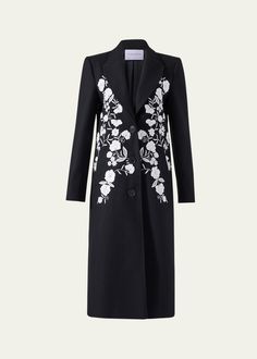 Formal Embroidered Long Coat, Formal Winter Outerwear With Floral Embroidery, Winter Formal Outerwear With Floral Embroidery, Formal Fall Outerwear With Floral Embroidery, Formal Fitted Outerwear With Floral Embroidery, Floral Embroidery Fitted Formal Outerwear, Formal Floral Embroidered Outerwear For Fall, Luxury Long Sleeve Outerwear With Floral Embroidery, Elegant Tailored Embroidered Outerwear