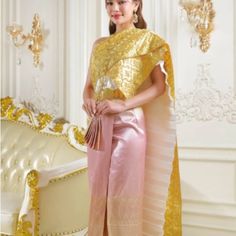 Pristine Condition. Worn Once For An Event. Gold, Ivory And Blush Pink. Authentic Traditional Thai 2-Piece Dress W/Traditional Body Chain & Belt. Dress Made Using Silk, Cotton And Satin. Fits 23-36 Inch Waist. Includes: 1 Free Size Sabai Top (2-Piece Top) 1 Free Size Patterned Skirt (37 Inches Long) 1 Set Of Hooks (Must Be Sewn On Prior To Wearing Or Can Use Safety Pins) 1 Body Chain 1 Belt (Fits Up To 39 Inch Waist) Chain Belt Dress, Thai Clothes, Patterned Skirt, Belt Dress, Safety Pins, Chain Belt, Size Pattern, Skirt Pattern, Waist Dress