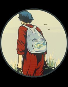 a boy with a back pack looking at the sky and grass in front of him