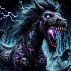 a horse with its mouth open and it's teeth out, surrounded by lightning