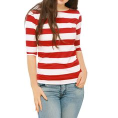 A good choice for your wardrobe, striped will always be on trend. Whether you're in the office or out on the town, this bold stripes T-shirt is perfect for any occasion. Easy to dress up or down with soft material. Pair this straightforward tee with any bottoms to create casual outfits. Size: small. Color: red. Gender: female. Age Group: adult. Material: Polyester. Prom Costume, Boat Neck Tops, Elbow Sleeve, Chic Woman, Striped Tee, Boat Neck, Casual T Shirts, Striped Shirt, T Shirt Top