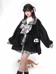 The price is for a coat and a detachable panda toy only, others are not included.  Garment Size   	 		 			Size 			S 			M 			L 		 		 			Shoulders 			64 			65.5 			67 		 		 			Full Length 			72 			74.5 			77 		 		 			Bust 			136 			140 			144 		 		 			Sleeve Length 			46 			47.5 			49 Harajuku Style Winter Outerwear For School, Harajuku Style Winter School Outerwear, Cute Black Winter Outerwear, Cute Black Outerwear For Winter, Black Faux Fur Coat, Black Faux Fur, Faux Fur Coat, Contrast Trim, Fur Coat