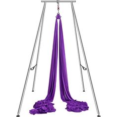 a purple hammock hanging from a metal frame with flowers on the bottom and sides