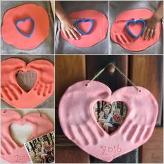 pictures of hand and foot prints in the process of making heart shaped handsprints