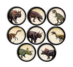 six dinosaur coasters are shown in the shape of small round plates with dinosaurs on them