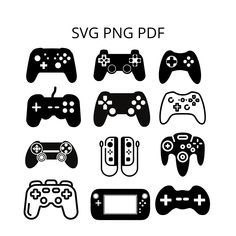 a collection of video game controllers in black and white, with the text svg png