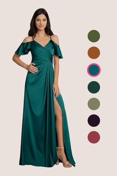 a woman in a long green dress standing next to color swatches and the colors