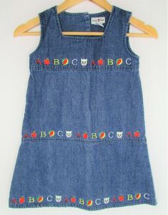 Vintage Denim Jumper Dress Size 6X Embroidered ABCs By Duckhead. No pockets. Laying flat measures 25" long from shoulder down front. 13.5" across from underarm to underarm. *VISIT MY EBAY STORE FOR MORE ITEMS* 1020 Vintage Blue Sleeveless Denim Dress, Retro Sleeveless Cotton Denim Dress, Retro Sleeveless Denim Dress, Fitted Retro Cotton Denim Dress, Retro Fitted Cotton Denim Dress, Fitted Cotton Denim Dress In Retro Style, Retro Cotton Denim Dress, Retro Cotton Denim Dress In Denim Blue, Embroidered Sleeveless Denim Dress