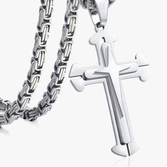 Accessorize with this bold Men's Stainless Steel 3 Layer Cross Pendant. Its sharp design paired with its metallic look makes this one edgy piece that can be worn on any occasion. We simply adore how these cross pendants make our men one stand-out guy even with a plain white tee and jeans. Gift this stylish piece for him and he's sure to want to sport this look wherever he goes! Metals Type: Stainless Steel Pendant size:Width: 31mm Length: 62mm Chain Size:Width: 5mm Length:18-36inch 3 Great Reaso Stainless Steel Cross Necklaces For Streetwear, Cross-shaped Stainless Steel Jewelry For Streetwear, Stainless Steel Cross Jewelry For Streetwear, Stainless Steel Cross Necklace For Streetwear, Cross-shaped Stainless Steel Streetwear Jewelry, Cross Pendant Necklace Men, Cross Pendant Men, Layered Crosses, Sharp Design