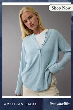 Super soft textured fabric/Henley neck with button placket/Curved hem Casual Split Neck Top With Buttons, Relaxed Fit Textured Knit Button-up Top, Textured Knit Relaxed Fit Button-up Top, Textured Knit Button-up Top With Relaxed Fit, Henley Neckline Waffle Knit Tops For Fall, Casual Ribbed Top With Henley Neckline, Everyday Ribbed Henley Neckline Tops, Everyday Ribbed Henley Tops, Everyday Henley Neckline Top With Button Closure