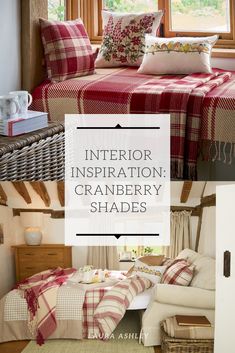 the interior of a bedroom with red and white plaid bedding, pillows and blankets