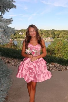 Pink Sheer Bodice Short Dress with Rosette Winter Formal Dresses, Junior Prom Dresses, Pink Sheer, Short Prom Dress, Sweet 16 Dresses, Hoco Dresses, Short Dress, Zip Up, Homecoming Dresses