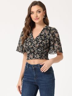 Shop Allegra K for floral flare short sleeve v neck summer smocked crop top you are looking for, get more women's blouses for yourelf. Order now! Free Returns! Crop Tops Black, Fits Clothes, Blouse Short Sleeve, Women's Blouses, Tops Black, Chiffon Blouse, Black Crop Tops, Womens Clothing Tops, Smocking