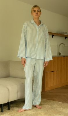 Look fashionable and feel comfortable at home. Launil pajamas are designed not to restrict, to be free, to provide comfort.  Mija linen long sleeve shirt and pant set. Made using 100% softened linen with a vertical striped design from a lightweight 125 GSM fabric. Trousers with elastic waist and adjustable draws. The shirt closes with river shell buttons at the front. Each shipment is prepared as a gift! We ship in original white Launil boxes. Gift message available (please write the message in Linen Lounging Pants, Linen Pants For Lounging, Relaxed Sleepwear With Pockets For Lounging, Spring Linen Sleepwear For Home, Linen Long Sleeve Sleepwear For Lounging, Linen Long Sleeve Sleepwear For Pajama Party, Casual Linen Sleepwear For Lounging, Comfortable Linen Loungewear Pants, Comfortable Linen Pants For Loungewear