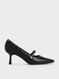 Black Studded Mary Jane Pumps | CHARLES & KEITH Fitted Kitten Heels With Sculpted Heel For Night Out, Modern 4-inch Kitten Heels For Party, Sleek Evening Kitten Heels With Padded Heel, Sleek Low Heel Kitten Heels For Party, Sleek Kitten Heels For Party, Chic Black Kitten Heels For Evening, Chic Black Evening Kitten Heels, Black Pointed Party Heels, Chic Pointed Kitten Heels For Party