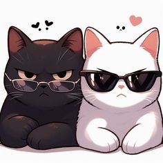 two black and white cats wearing sunglasses sitting next to each other with hearts floating above them