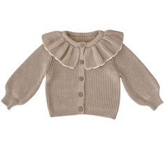 Wrap your little one in warmth with the "Ophelia" Cardigan. The neutral shade and wide frilled collar with contrasting stitching make this cardigan fashionable and functional. Perfect for cooler weather, your child will stay cozy in this thick and stylish cardigan. Material: Cotton Fit: Fits true to size, take your normal size Age Range: 3Months-3 Years Fall Knit Sweater, Toddler Cardigan, Frill Collar, Chic Autumn, Perfect Cardigan, Cute Coats, Collar Cardigan, Cozy Chic, Beautiful Sweater