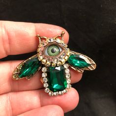 "This brooch measures 1.5\"x2\"" Green Jeweled Brooches As Gift, Unique Rhinestone Brooch For Gift, Green Jeweled Brooch For Gift, Natural Green Eyes, Eyeball Art, Green Eye, Baby Bee, Green Eyes, Emerald Green