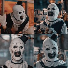 four photos of the same clown with different facial expressions and haircuts, all wearing white masks