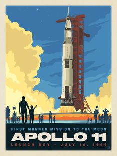 an old poster shows people standing in front of a rocket with the moon above it