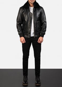 This men’s Airin G-1 Black Leather Bomber Jacket is super stylish, classic yet modern, with a dash of luxury that makes this one of those must-have pieces for effortless yet major impact. Made of a semi-aniline finish sheepskin leather, having a quilted polyester lining, a shirt style collar with detachable faux-fur, ribbed knit cuffs, zipper front closure, two inner and outer pockets as well as awesome fit, detail and impeccable craftsmanship that make this an instant must-have for all men. Black Leather Biker Jacket With Padded Collar, Black Leather Jacket With Leather Lining, Urban Leather Jacket For Business, Classic Leather Jacket With Zipper, Fitted Leather Jacket Urban Style, Urban Leather Outerwear For Business, Urban Leather Jacket For Streetwear, Fitted Leather Biker Jacket For Streetwear, Fitted Leather Biker Jacket