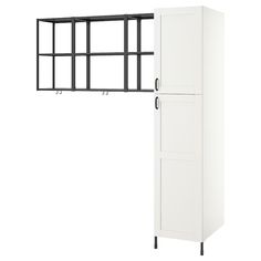 a tall white cabinet sitting next to a metal rack with hooks on it's sides