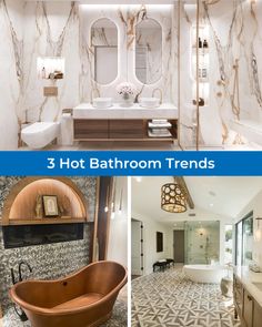 the bathroom is decorated in marble and has an oval tub, sink, toilet, and mirror