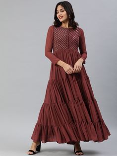 Maroon Solid Fit and Flare Dress With Embellishment - inddus-us Applique Blouse, Embellished Belt, Anarkali Kurta, Georgette Dress, Embroidered Maxi Dress, Ethnic Dress, Net Dupatta, Pure Silk Sarees, Party Gowns