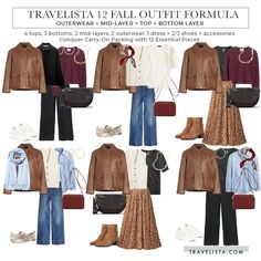 the travelista's fall outfit formula is shown in several different colors and styles