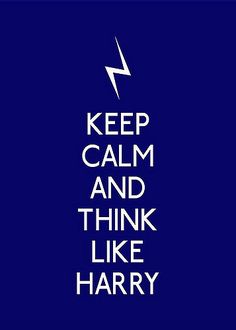 the words keep calm and think like harry potter are in white on a blue background