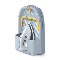 a blue and yellow ironing board with an iron in the bottom compartment, on a white background