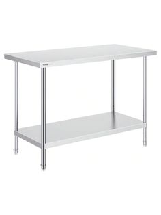 a stainless steel table with two shelves on one side and an under shelf for storage