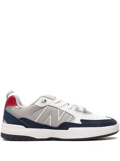 white/navy blue/red calf leather panelled design suede panelling perforated detailing logo patch to the side embossed logo to the side logo-print tongue branded heel counter branded insole round toe front lace-up fastening flat rubber sole New Balance Leather Skate Shoes For Light Sports, Leather New Balance Skate Shoes For Light Sports, Classic New Balance Skate Shoes With Branded Insole, New Balance Low-top Skate Shoes With Perforations, New Balance Sporty Skate Shoes With Perforations, New Balance Skate Shoes With Perforations For Sports, New Balance High-top Leather Sneakers With Logo Patch, New Balance Numeric, Footwear Design