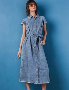 Women's Designer Weekend Denim Midi Dress in Organic Blue Cropped Sleeves, Denim Midi Dress, Cover Model, Premium Denim, The Weekend, Midi Dress, Fabric, How To Wear, Dresses