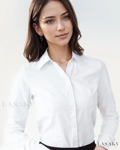 Lasaky - Refined White V-Neck Shirt - Sleek Slim Fit with Long Sleeves, Perfect for Professional Work Attire Fitted Collared Professional Tops, Fitted Professional Tops For Office Wear, Professional Fitted Tops For Office Wear, Fitted Professional Tops, Fitted Plain Office Top, Classic Plain Tops For The Office, Elegant Slim Fit V-neck Top, Professional Slim Fit Tops For Business Casual, Classic Plain Tops For Workwear