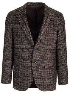 Checked jacket from Al Duca D'Aosta in wool, silk and cashmere, peak lapels, single-breasted fastening, two flap pockets, one welt pocket on the chest. Luxury Tweed Jacket With Patch Pockets For Business Casual, Luxury Outerwear With Welt Pockets And Suit Collar, Formal Wool Tweed Jacket With Patch Pockets, Luxury Tweed Jacket With Lapel Collar And Patch Pockets, Designer Single Breasted Sport Coat With Notch Lapel, Designer Wool Blazer With Single Button, Luxury Tailored Tweed Jacket With Pockets, Designer Blazer With Notch Lapel And Welt Pockets, Designer Single Button Wool Blazer