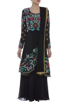 Shop for Ayesha Aejaz Black Embroidered Peplum Kurta With Palazzo Pants for Women Online at Aza Fashions Bollywood Style Multicolor Embroidered Sequin Sets, Bollywood Style Embellished Multicolor Embroidery Sets, Eid Embellished Multicolor Embroidered Sets, Eid Embellished Multicolor Embroidery Sets, Embellished Multicolor Embroidery Sets For Eid, Embellished Multicolor Embroidered Sharara For Designer Wear, Festive Multicolor Embroidered Sequined Sets, Festive Multicolor Embroidery Sequined Sets, Festive Sets With Multicolor Embroidery And Sequins