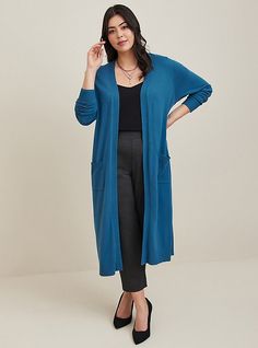 FIT Model is 5'10” wearing size 1. . Measures 48” from shoulder (size 2). Duster silhouette. MATERIALS + CARE Everyday Soft Sweater fabric: Our easiest, year-round knit staple with a versatile look and feel that you can dress up or down. No pilling, just style. . Stretch level: Medium. . 52% rayon, 28% polyester, 20% nylon. . Machine wash cold. Lay flat to dry. . Imported. . DETAILS Open front. Long sleeves. Front pockets. The best plus size women's everyday soft duster open front sweater sweate Pointelle Cardigan, Duster Cardigan Sweater, Sweater Fabric, Open Front Sweater, Sweater Fits, Soft Cardigan, Just Style, Long Sweaters Cardigan, Soft Sweater