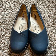 Navy Flats, Comfy And Nice For Casual Wear Or Business. Never Worn. Comfortable Blue Slip-ons With Cushioned Footbed, Comfortable Blue Slip-ons With Removable Insole, Blue Slip-on Flats, Blue Slip-on Walking Shoes For Spring, Comfortable Blue Slip-ons With Round Toe, Comfortable Blue Walking Shoes With Flat Heel, Comfortable Blue Slip-on Flats, Blue Synthetic Flats With Removable Insole, Blue Slip-on Synthetic Flats