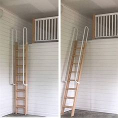 two pictures of a ladder in the corner of a room with white walls and wood flooring