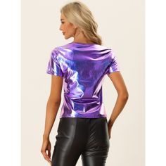 This women's metallic tee from Allegra K is a stylish top with a v-neck design. It is perfect for parties or clubs. It's a short-sleeved top in shiny top-quality metallic fabric. This is a regular-fit top that is very comfortable to wear. This is a very fashionable top when you wear it at a party. It will be very dazzling, and it will help you attract a lot of attention. V-neck Shimmer Tops For Party Season, Trendy V-neck Party Tops, Purple Short Sleeve Party T-shirt, Glamorous Fitted Tops With Sheen, Summer Party Tops With Sheen, Metallic Sheen Party Tops, Purple Crew Neck Top For Party, Trendy Shimmer Tops For Party, Trendy Metallic Tops For Party