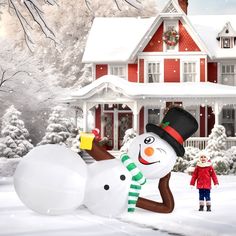 there is a snowman and a child in front of a house