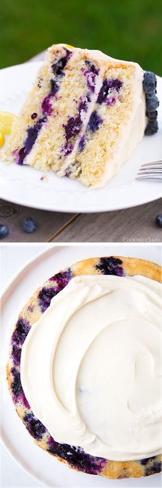 two pictures of a piece of cake with blueberries on it and the rest of the cake