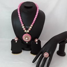 Indian fashion Jaipuri pearl, pachi moti bridal mala haar necklace set with matching stud earrings and adjustable ring. Handcrafted with pearl and pachi moti. This beautiful necklace earrings set is designed with lot of intricate work. It is perfect match with your formal attire on special occasion or with casual wearing and saree. Main Colour: Gold Pearl Colour: Pink & Ivory Necklace Full Length: 29cm Necklace Closer: Hook Earrings Size: L x 3.5cm / W x 2cm  Earrings Back: Push Back  Ring Size: Bollywood Style Round Jewelry For Puja, Festive Round Jewelry For Puja, Pearl Beaded Jewelry For Diwali, Diwali Beaded Pearl Jewelry, Kundan Pearl Necklace For Celebration, Pink Pearl Drop Chandbali Jewelry, Pink Pearl Drop Chandbali Earrings, Round Pearl Necklace For Diwali Celebration, Pearl Necklace For Diwali Celebration