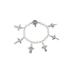 This bracelet beautifully captures the life of our Savior in six charms: birth, baptism, miracles, last supper, crucifixion and resurrection. Each cross has the name of Christ's significant event inscribed on the back, and the corresponding chapter from the book of Luke in the Bible - Complete with a crown of thorns toggle set! · Sterling silver · 7 1/2" length · Cross 1"L x 1/2"W · Handcrafted toggle clasp · Made in New Orleans · 1 year warranty · Complimentary gift packaging · Free shipping · Spiritual Silver Cross Charm Bracelet, Spiritual Silver Charm Bracelet With Cross, Silver Spiritual Rosary Bracelet For Blessing, Book Of Luke, Names Of Christ, Free Postcards, Life Of Christ, Our Savior, Crown Of Thorns