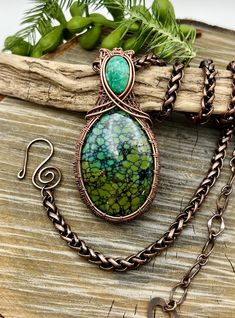 Spiderweb Turquoise Gemstones Copper Wire Wrapped Necklace, Pendant, Artisan Jewelry Free Domestic Shipping, Gift   🌿~ genuine turquoise gemstones, intricately encased in burnished copper wire, hand sculpted and woven 🌿 🍃with sparkling faceted and soldered green glass ~ handmade with skill in the USA ~ top quality copper chain won't discolor your neck ♥️ I take great care in designing each piece of my jewelry, paying close attention to the smallest of details until each is piece is tiny work Green Wire Wrapped Copper Wire Necklaces, Turquoise Glass Wire Wrapped Necklace, Turquoise Wire Wrapped Glass Necklace, Unique Wire-wrapped Turquoise Pendant Necklace, Wire Wrap Cabochon, Wire Wrapped Copper Amulet Jewelry, Crystal Stone Jewelry, Wire Wrapped Stone Jewelry, Wire Wrapped Jewelry Diy