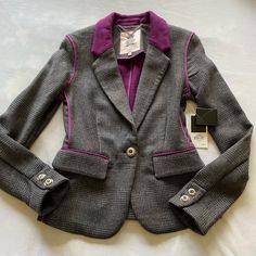 Piped Details / Bound Seams / Nwt Size Xs 32” Bust / 23” Shoulder To Hem / 28” Waist / 15” Across Shoulders Flannel Fits, Faux Jacket, Juicy Couture Jacket, Coats Vintage, Black Velvet Blazer, Satin Blazer, Cashmere Jacket, Couture Jackets, Wool Flannel