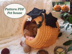 an orange cat sleeping in a pumpkin shaped basket with the caption pattern pdd pet house